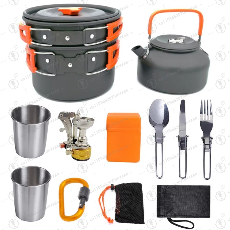Camping Cooking Accessories Set - Outdoor aluminum cookware 10-piece set: folding